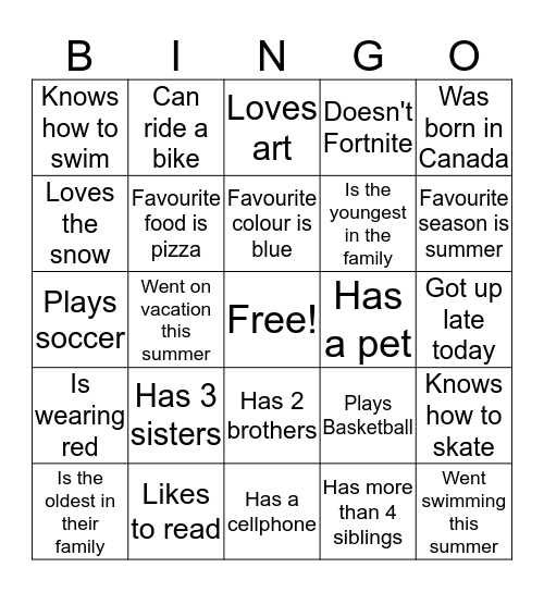 Classmate Bingo Card