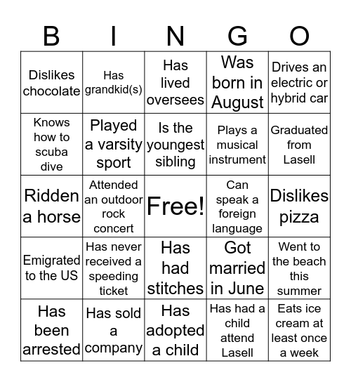 Lasell Lunch Mingle Bingo Card