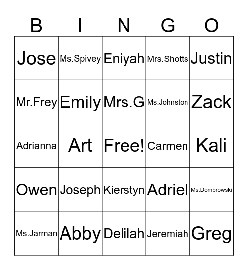 Name Bingo Card