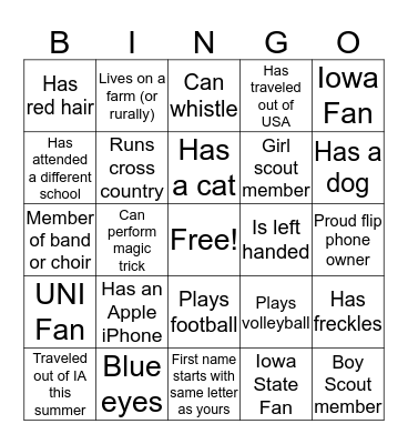 Beginning of School BINGO Card