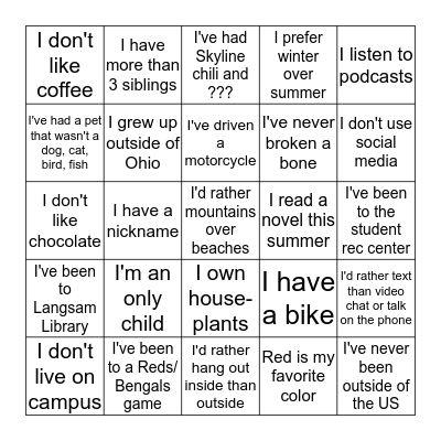 Icebreaker Bingo Card