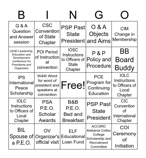 P.E.O. Bingo Card