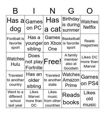 First Day of 6th Grade Bingo Card