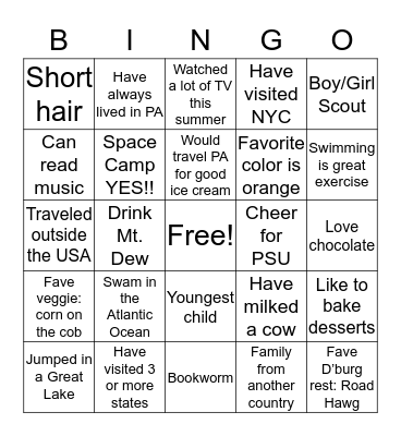 All About Me Bingo Card