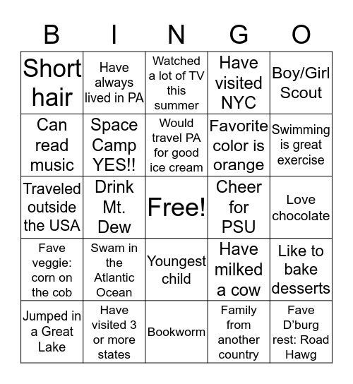 All About Me Bingo Card
