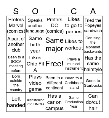 SOCA Hunt Bingo Card