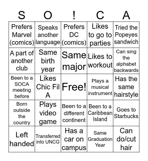 SOCA Hunt Bingo Card