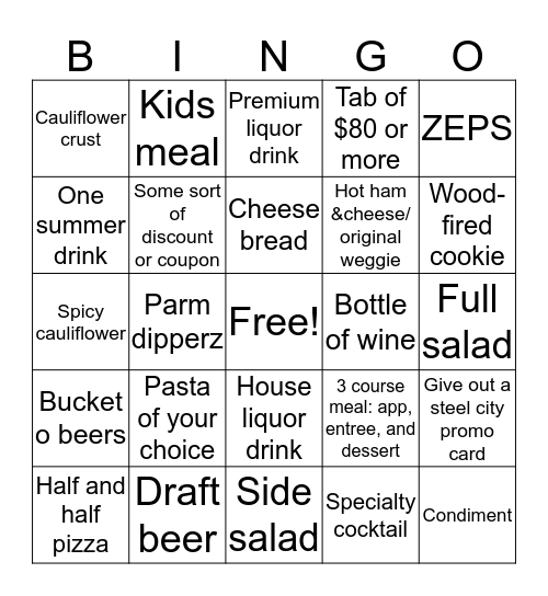 sunday night server bingo!!! Bingo Card