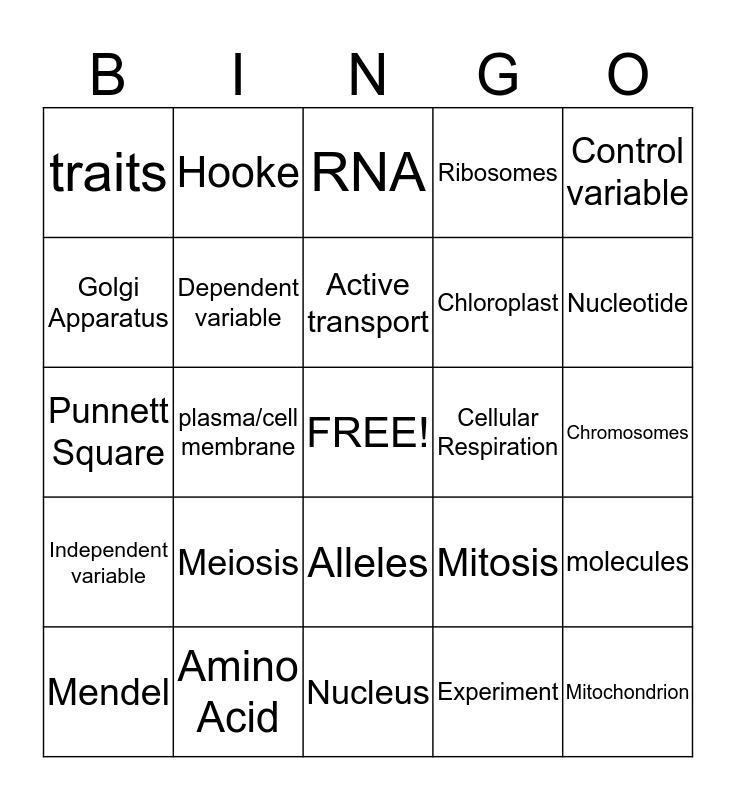 Bio 1 Bingo Card