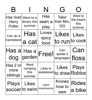 First Day of School Bingo Card