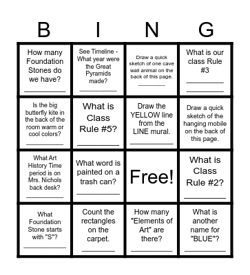 2nd Grade Art Room Scavenger Hunt Bingo Card