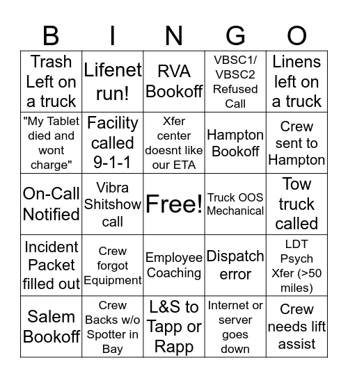 Richmond Ops BINGO Card