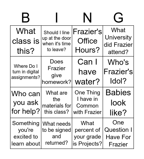 Frazier Classroom Bingo Card