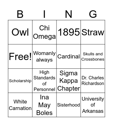 Chi O Bingo Card