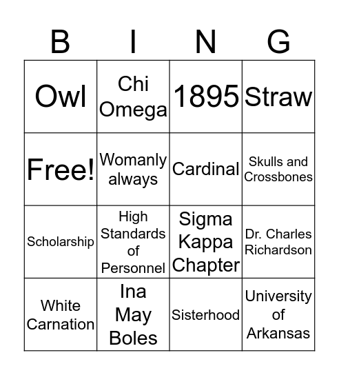 Chi O Bingo Card