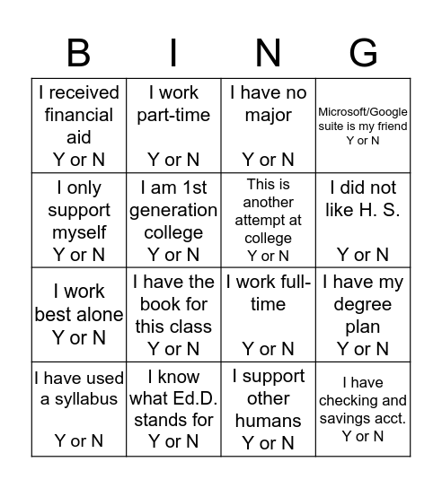 First Year Experience Bingo Card