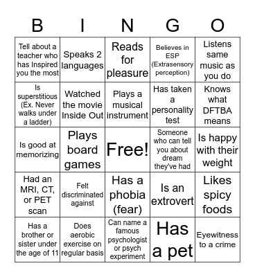 Psychology Icebreaker Bingo Card