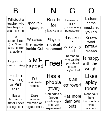 Psychology Icebreaker Bingo Card