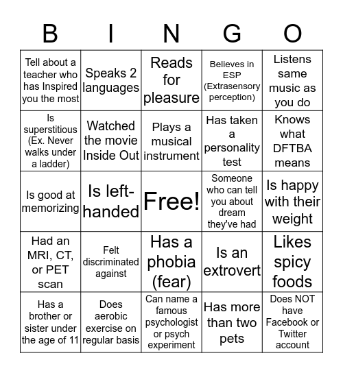 Psychology Icebreaker Bingo Card