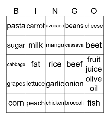 Healthy Food Bingo Card