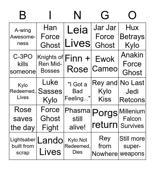 Rise of Skywalker Bingo Card