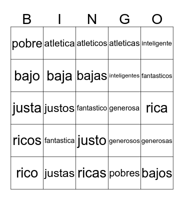Spanish Describing Words Bingo Card