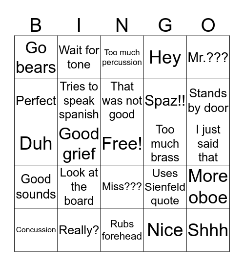 Things Bunge says or Does Bingo Card