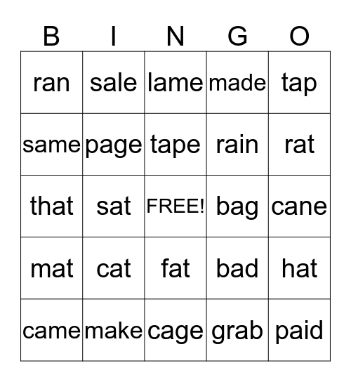 Short a long a Bingo Card