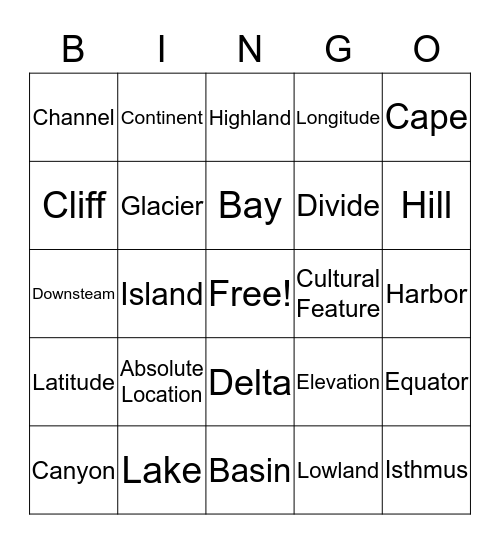 Geography A-L Bingo Card