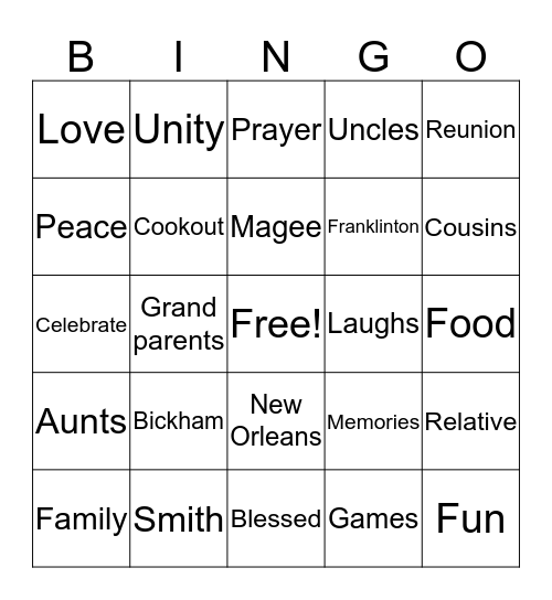 FAMILY REUNION Bingo Card