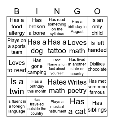 First Day of Class Bingo Card