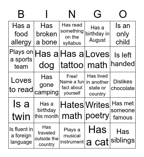 First Day of Class Bingo Card