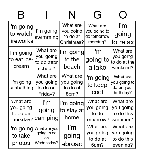 Going To - Questions and Answers Bingo Card