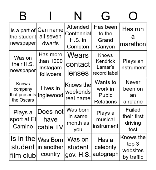 COMS 265 - Mass Communicationss Bingo Card