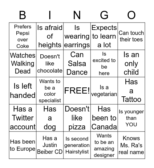 Get to know your fellow students Bingo Card