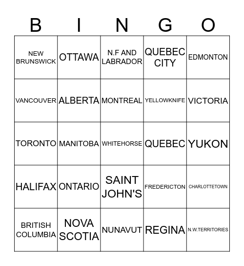 CANADA Bingo Card