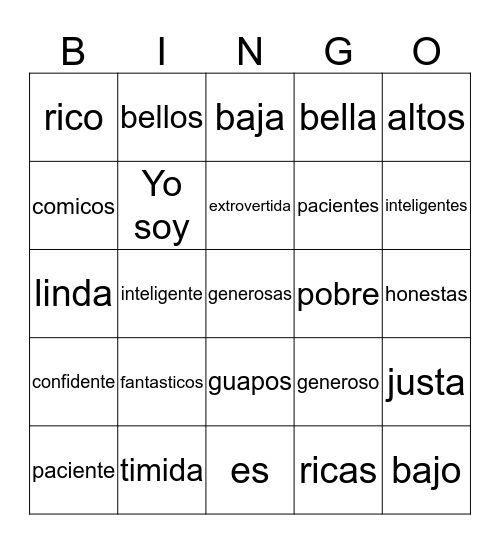 Spanish Describing Words Bingo Card