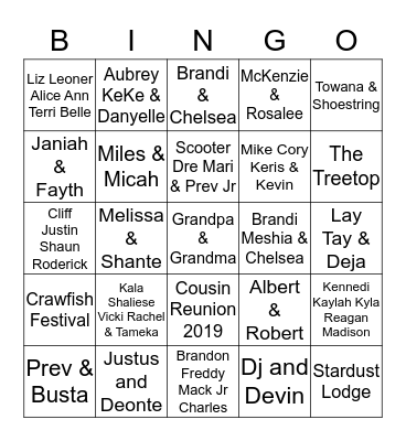Hamilton Cousin Reunion 2019 Bingo Card