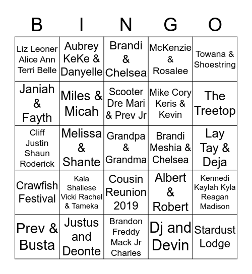 Hamilton Cousin Reunion 2019 Bingo Card