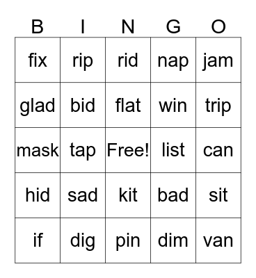 Short a, i  Bingo Card