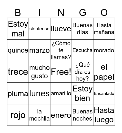 Español 1- Unidad Preliminaria Bingo Card