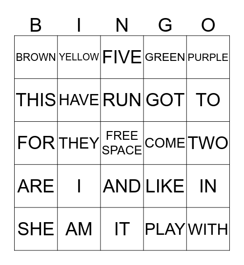 SIGHT WORD BINGO Card