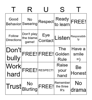 Respect Bingo "TRUST" Bingo Card