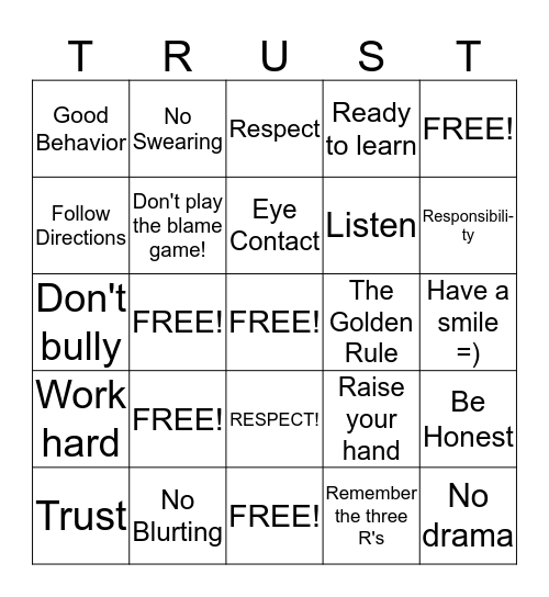 Respect Bingo "TRUST" Bingo Card