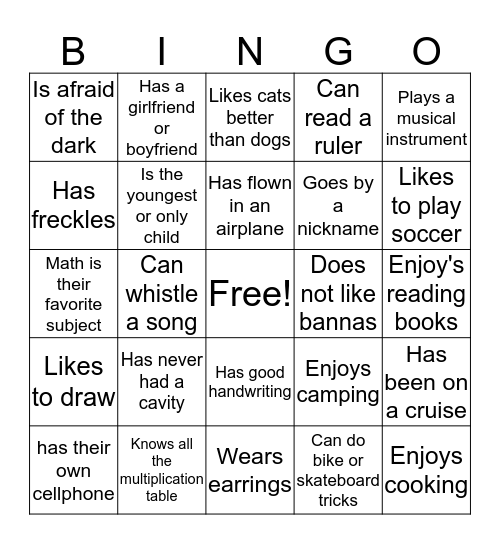 Get to know You Bingo Card