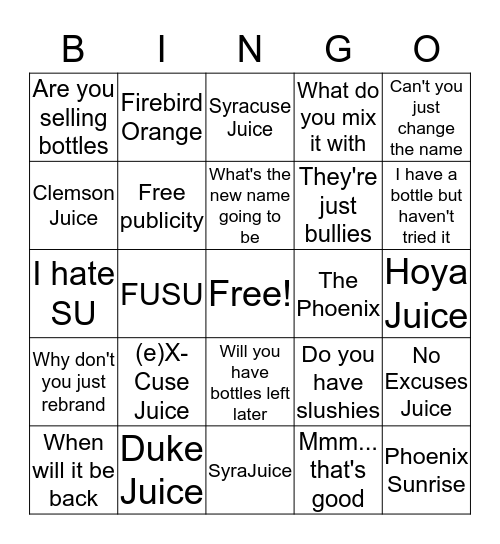 Cuse Juice Bingo Card
