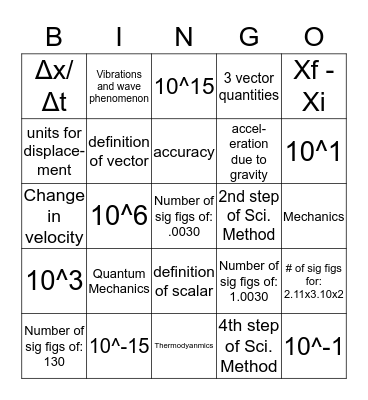 Physics chapter 1 and 2 Review Bingo Card