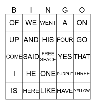 SIGHT WORD BINGO Card