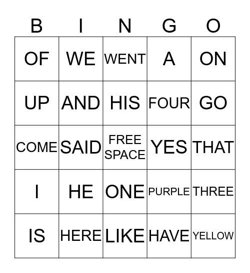 SIGHT WORD BINGO Card