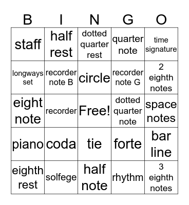4th, 5th, 6th Grade Music Vocab Bingo Card